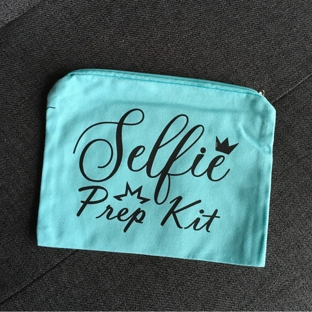 “Selfie Prep Kit” Makeup Bag, Travel Pouch, Aqua, Black